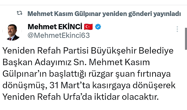 Ekinci: YRP Rüzgarı Urfa’da Kasırgaya Dönüşecek