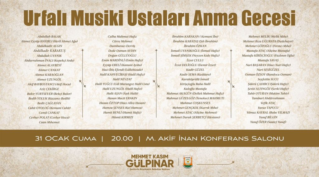 UNESCO Müzik Şehri Şanlıurfa’da “Urfalı Musiki Ustalarını Anma Programı”